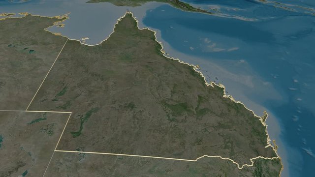Queensland, state with its capital, zoomed and extruded on the satellite map of Australia in the conformal Stereographic projection. Animation 3D
