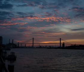 Fototapeta na wymiar Sunset, Suspension Bridge, Savannah, Georgia