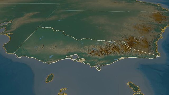 Victoria, state with its capital, zoomed and extruded on the relief map of Australia in the conformal Stereographic projection. Animation 3D