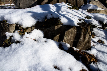Snow over rocks on a winter day