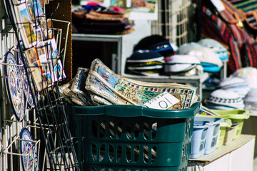 Various decorative objects sold in a souvenirs shop at the bazaar of the Old city of Jerusalem 