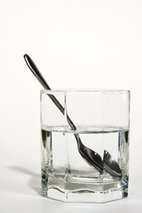steel spoon in a glass with clear water