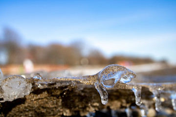 Ice shapes on the beach from rocks and pebbles in the winter