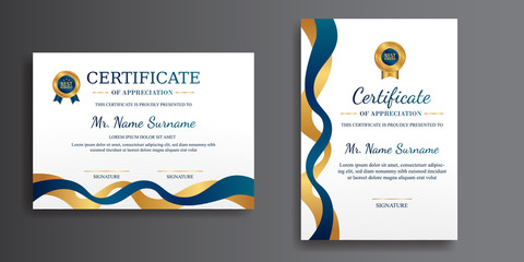 Premium gold and blue certificate of achievement template, clean modern design with gold badge