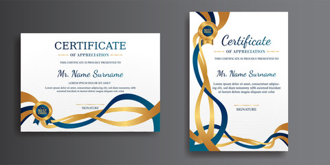 Premium gold and blue certificate of achievement template, clean modern design with gold badge