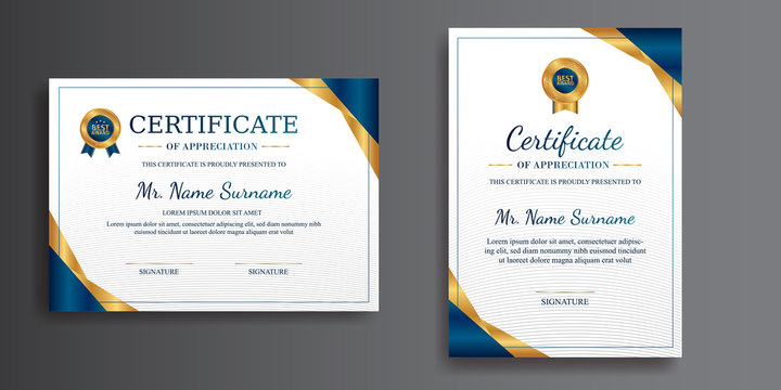 Premium gold and blue certificate of achievement template, clean modern design with gold badge