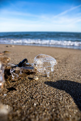 Frozen shapes of rock and sand in the beach in the winter