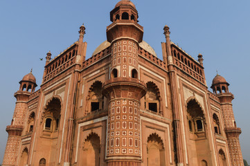A side view of architecture with marble,sandstone of safadarjung tomb memorial at foggy winter morning.