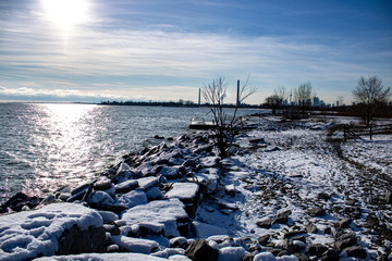 Cold winter day with stones covered in ice