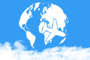 World map and plane shaped clouds on blue sky