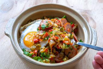Spanish dish pisto manchego similar with fried egg