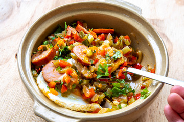 Spanish dish pisto manchego similar with fried egg