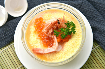 Steamed Egg topping with shrimps and Caviar (Thai name is Kai thoon Kung). Children egg menu for healthy