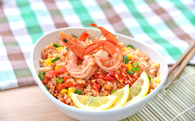 Fried Rice with Shrimps (Thai name is Kao Pad Kung). Rice menu and vegetable for healthy.