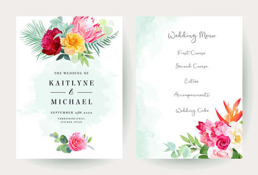 Tropical bright wedding watercolor and flowers vector design cards