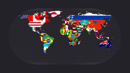 Map with flagsofallcountries of the world. Eckert III projection. Map of the world with meridians on dark background. Vector illustration.