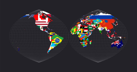 Map with flags of all countries of the world. Quartic authalic projection interrupted into two hemispheres. Map of the world with meridians on dark background. Vector illustration. © Eugene Ga