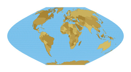 Fototapeta na wymiar World Map. McBryde-Thomas flat-polar sinusoidal equal-area projection. Map of the world with meridians on blue background. Vector illustration.