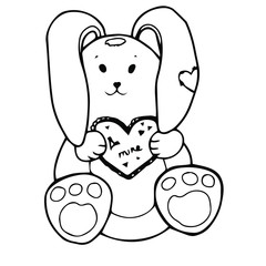 Cute rabbit toy with heart . Hand-drawn vector stock illustration of funny bunny. Isolated on white background. Design for Valentines day. Outline. Doodle. Cartoon. Kids illustration. Trendy. hugge