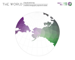 World map in polygonal style. Modified stereographic projection for Alaska of the world. Purple Green colored polygons. Contemporary vector illustration.