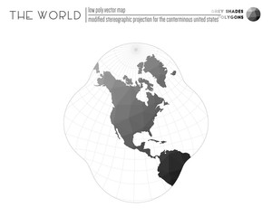 Naklejka premium World map with vibrant triangles. Modified stereographic projection for the conterminous United States of the world. Grey shades colored polygons. Beautiful vector illustration.