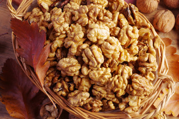 Walnut kernels and nutshells. Close-up.