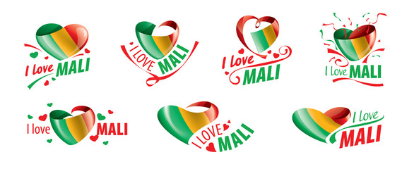 The national flag of the Mali and the inscription I love Mali. Vector illustration