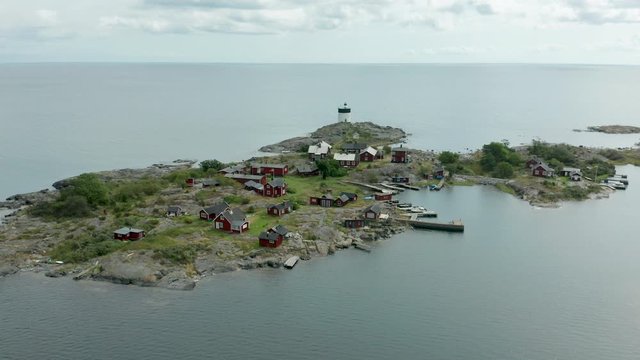 Village at Archipelago island. Aerial flying forward