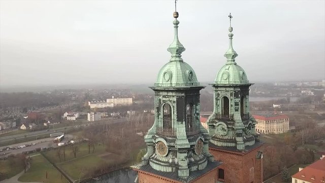 Drone footage of old Cathedral located in Poland. Name of the city is Gniezno.