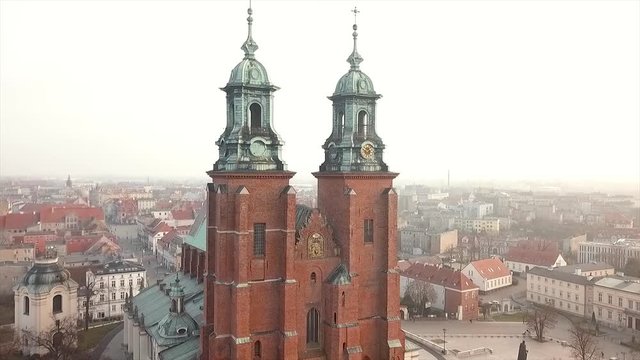 Drone footage of old Cathedral located in Poland. Name of the city is Gniezno.