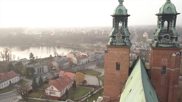 Drone footage of old Cathedral located in Poland. Name of the city is Gniezno.