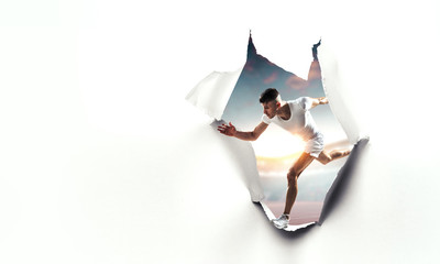 Hole in wallpaper. Mixed media