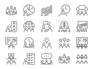 Meeting line icon set. Included icons as meeting room, team, teamwork, presentation, idea, brainstorm and more.