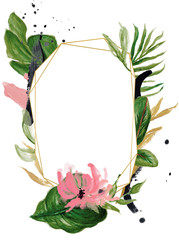 Hand Drawn Watercolor Tropical Clipart, Leaves, Wreath, Brush Stroke, Texture, Ink Drop, Tropical Geometric Frame