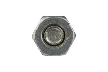 A bolt with a female nut isolated on white background. Macro photo. Top view.