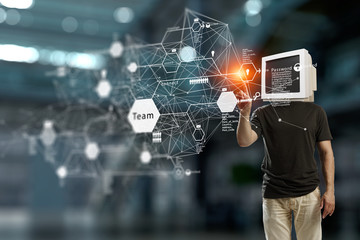 Monitor headed man. Mixed media