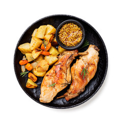 Stewed in white wine with spices rabbit legs with baked vegetables and rosemary. isolated on white background