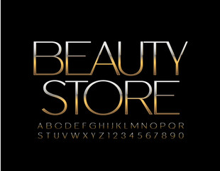 Vector Golden logo Beauty Store. Elegant metal Font. Chic Alphabet Letters and Numbers