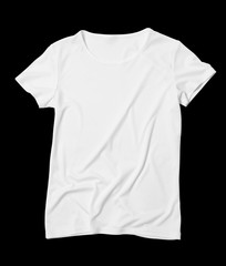 Front side of a white t-shirt on a black background. Mock-up. Cut background.