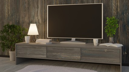 TV on a console. Home cozy interior. 3D rendering.