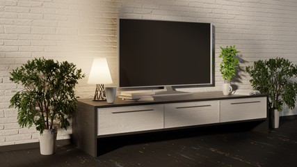 TV on a console. Home cozy interior. 3D rendering.