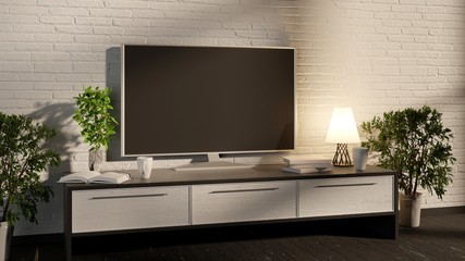 TV on a console. Home cozy interior. 3D rendering.
