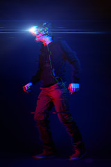 Obraz na płótnie Canvas Man with virtual reality headset. Image with glitch effect