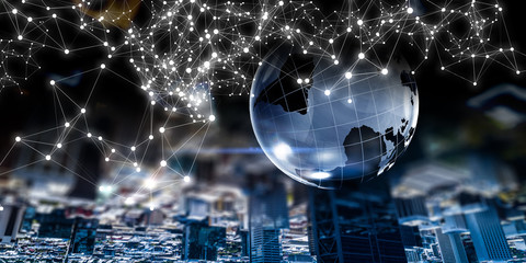 Wireless technologies and business city. Mixed media