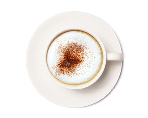 Cappuccino coffee, Coffee cup top view isolated on white background. with clipping path.