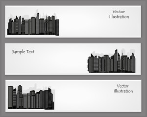 Three vector greeting cards with black skyscrapers and place for text