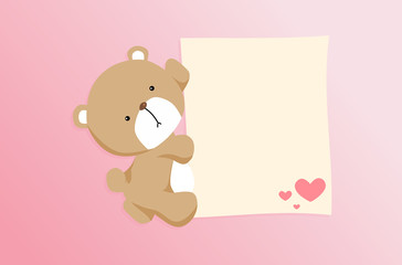 Valentines card with cute teddy bear in paper cut style. Space for your text.