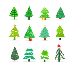Vector clipart. Cartoon Christmas trees, pines for greeting card, banners, web pages. Vector icons collection