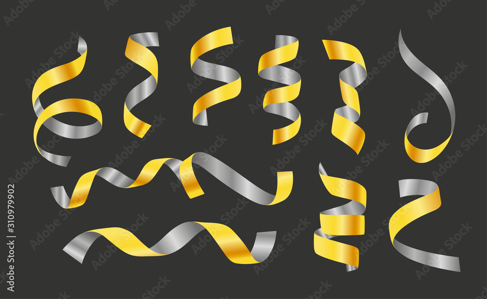 Poster different curled satin ribbons vector collection isolated on black background