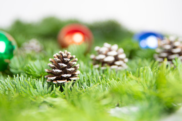 Woody seed cones and colored Christmas Ball Ornaments  on pine branches